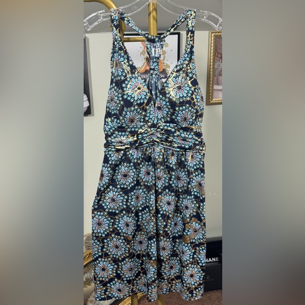 EUC India Boutique Navy Dress with Teal, Gold Accents built in Bra Open Back